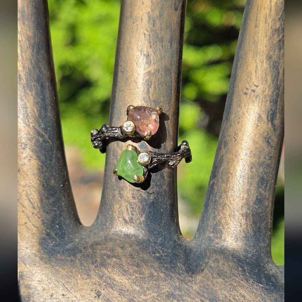 Tourmaline & Topaz Natural Gemstone Sterling Rhodium & Gold Ring Sz9 Adjustable - Picture 7 of 11